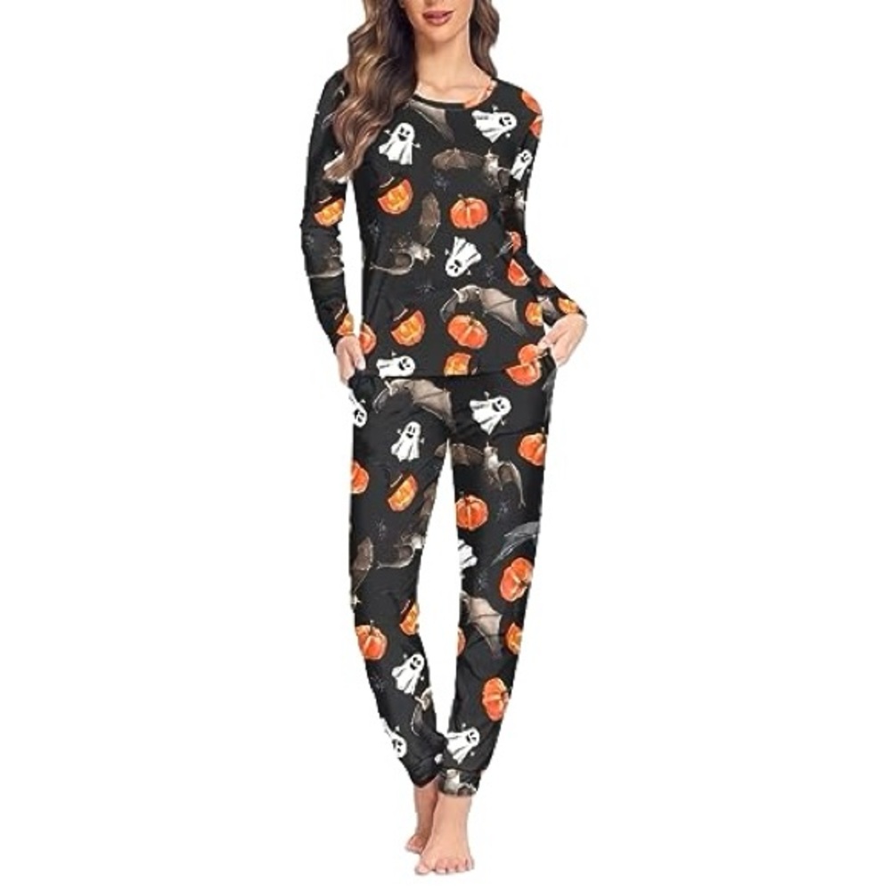 2 Pieces Halloween fall holiday Sleepwear sleeping pajama Sets Women pumpkin S